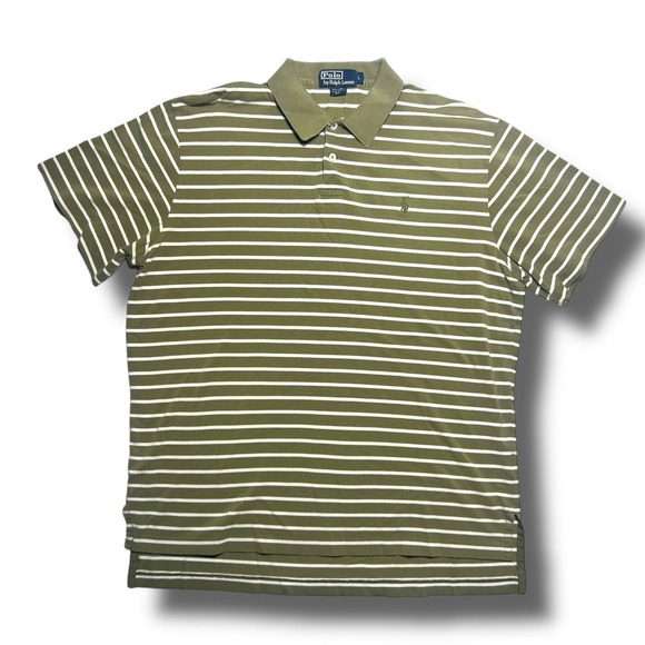 Polo Ralph Lauren Large Green Polo Striped Cotton Long Tail Preppy Golf Shirt - Picture 2 of 6